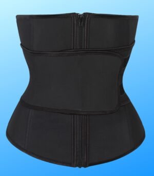 Black adjustable latex waist cincher with front zipper and belt, designed for workout support, thermal activity, and tummy control.