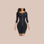 Elegant lace hourglass body shaper with sleeves, featuring tummy control and open crotch design