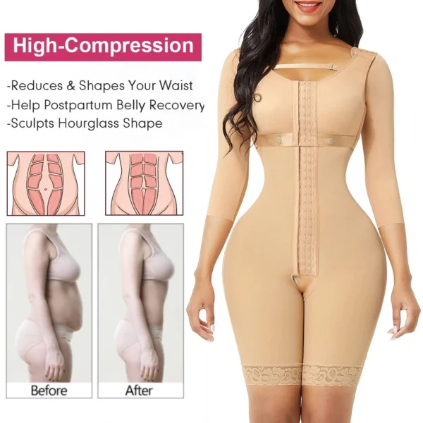 New Design High Elastic Lace Bottom Compression | Adjustable Hooks Full Body Shaper | W/Sleeves for Women - Image 2