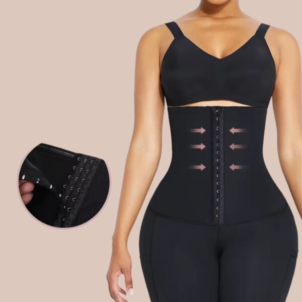 High waist fat-burning shapewear leggings with tummy control, side pockets, and 3-hook closure in black, red, and green – plus size options available