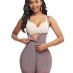 Full body underbust shaper with zipper and removable straps, triple-layer tummy control, lace leg openings, and crotch hooks for comfort under dresses.