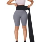 Adjustable waist wrap shapewear belt for tummy control and slimming, made of latex and polyester with hook-and-loop fasteners, suitable for all body types.
