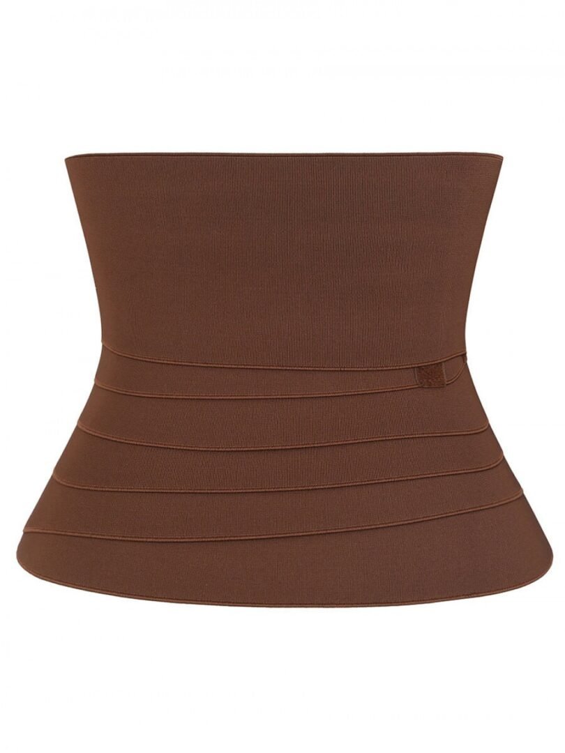 Adjustable waist wrap shapewear belt for tummy control and slimming, made of latex and polyester with hook-and-loop fasteners, suitable for all body types.