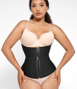 U-Shaped 10 Steel Bones Latex Waist Trainer with Fan Lacing and Front Buckle Adjustment