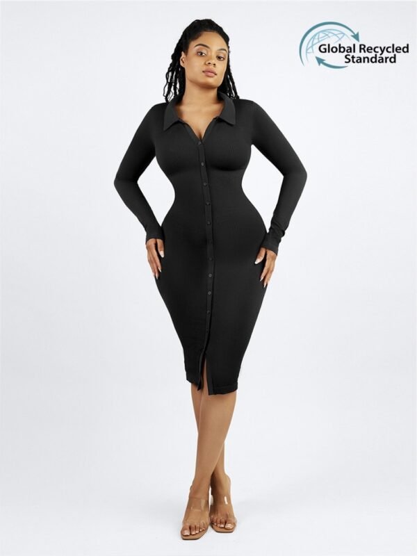 Front view of compression shirt dress with elastic waist control and zipper closure