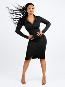 Seamless shaping dress combining classic shirt design with modern waist compression