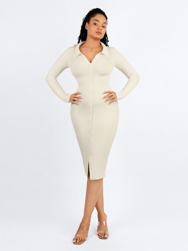 Front view of compression shirt dress with elastic waist control and zipper
