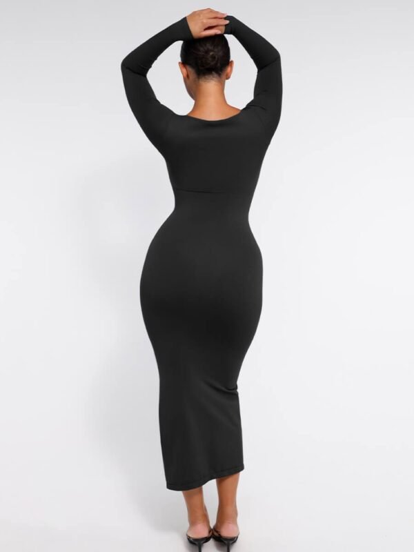 Woman wearing a form-fitting shaping dress with bust support and high side slit, showcasing tummy control and seamless design.