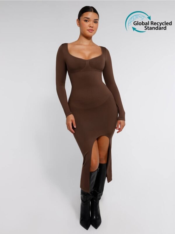 Woman wearing a form-fitting shaping dress with bust support and high side slit, showcasing tummy control and seamless design.