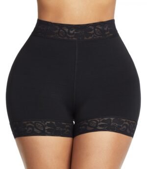 Black high-waisted lace shapewear panty with butt-lifting and tummy control design short