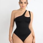 One-shoulder Cut Out Waist and Abdomen Compression Shapewear front view black