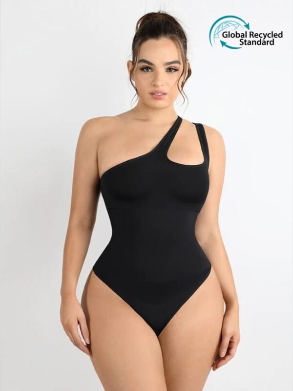 One-shoulder Cut Out Waist and Abdomen Compression Shapewear front view black
