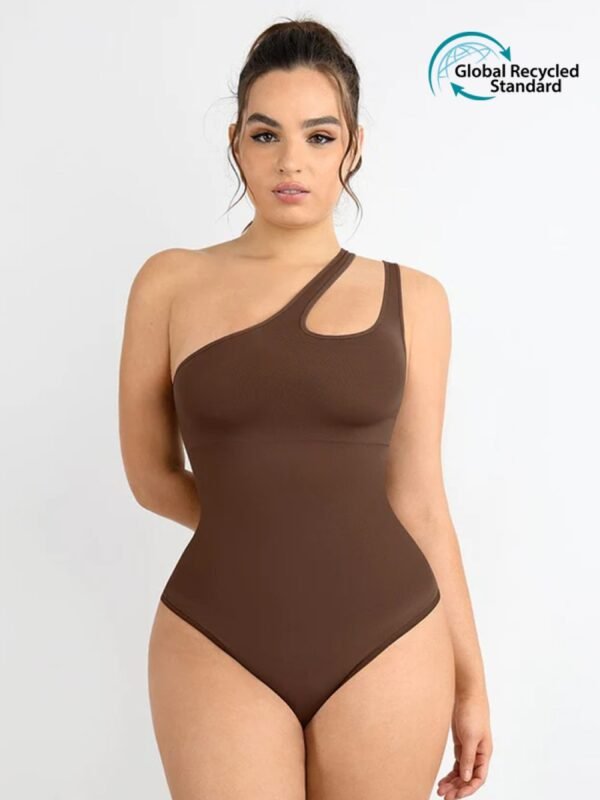 One-shoulder Cut Out Waist and Abdomen Compression Shapewear front view brown