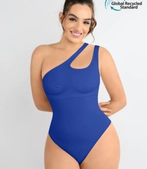 One-shoulder Cut Out Waist and Abdomen Compression Shapewear front view blue