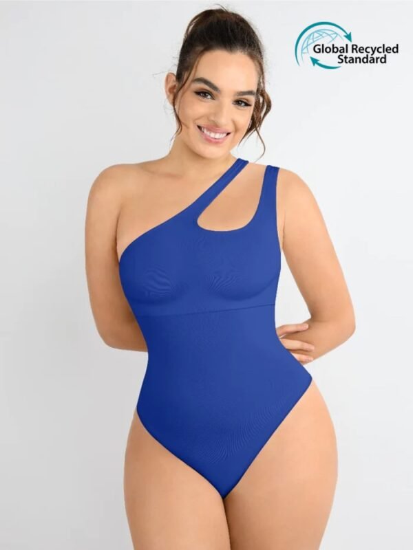 One-shoulder Cut Out Waist and Abdomen Compression Shapewear front view blue