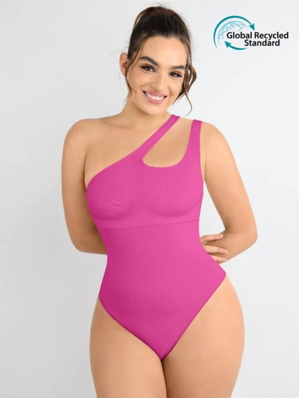 One-shoulder Cut Out Waist and Abdomen Compression Shapewear front view pink