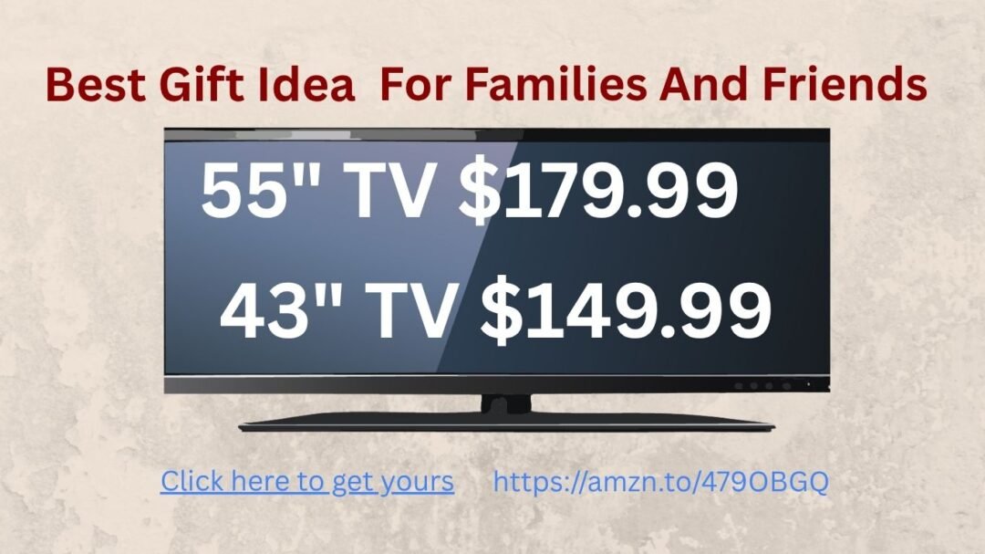 Promotional image highlighting two discounted smart TVs: a 43-inch Toshiba priced at $149.99 and a 55-inch Insignia priced at $179.99, both with 40% off. The background has sale graphics emphasizing huge savings on big screen TVs