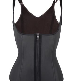 Latex waist trainer vest with zipper, 3 rows of hooks, and 6 steel bones for tummy control and fat burning.