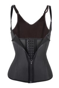 Latex waist trainer vest with zipper, 3 rows of hooks, and 6 steel bones for tummy control and fat burning.