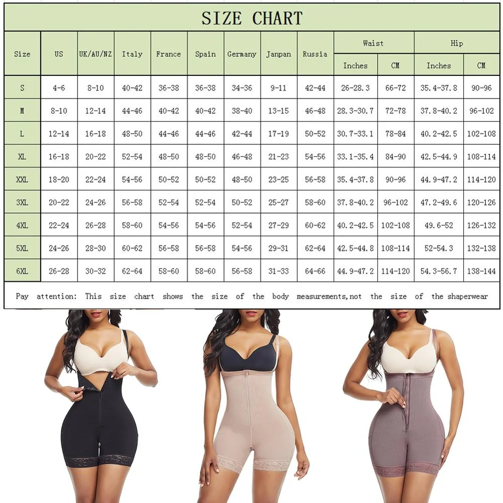 Full body shaper front view and size chart